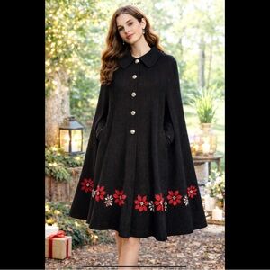 Vintage Sturbridge Black Knit Poinsettia Cape Midi Holiday Cloak